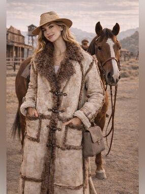 SHEARLING FULL LENGTH STUNNING COAT WITH 2 LEATHER DEEP POCKETS